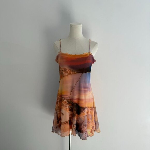 Urban Outfitters Printed Mesh Slip  Dress | Scenic Sunset Print | Women’s Size M - Picture 1 of 4
